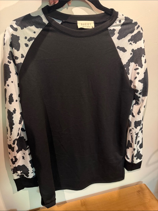 Avery Tops - Avery Black Top with Black-and-White Cow Print Raglan Sleeves